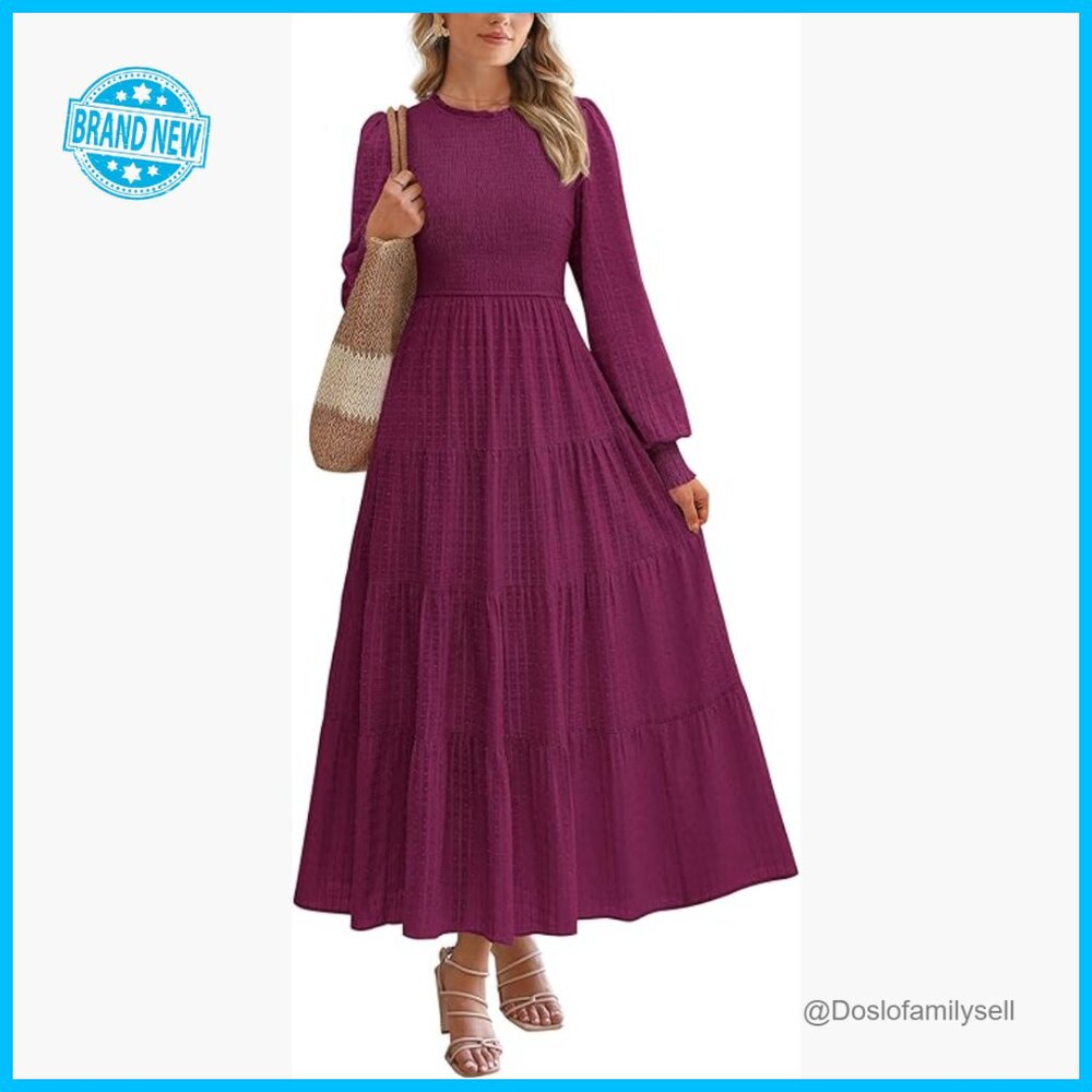 Elegant Swiss Dot Maxi Dress Smocked Waist Long Sleeve Formal Wedding Guest